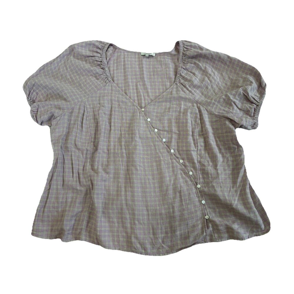 Madewell Purple Beige Plaid Linen Viscose Button Blouse Puff Sleeve 3X
